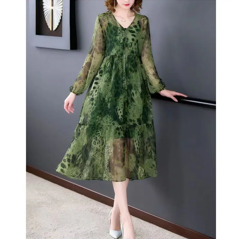 Autumn Long Sleeve V Neck Two Piece Set Dress 2022 Woman Chiffon Elegant Vintage Leopard Dresses for Middle Age Clothes Vestidos