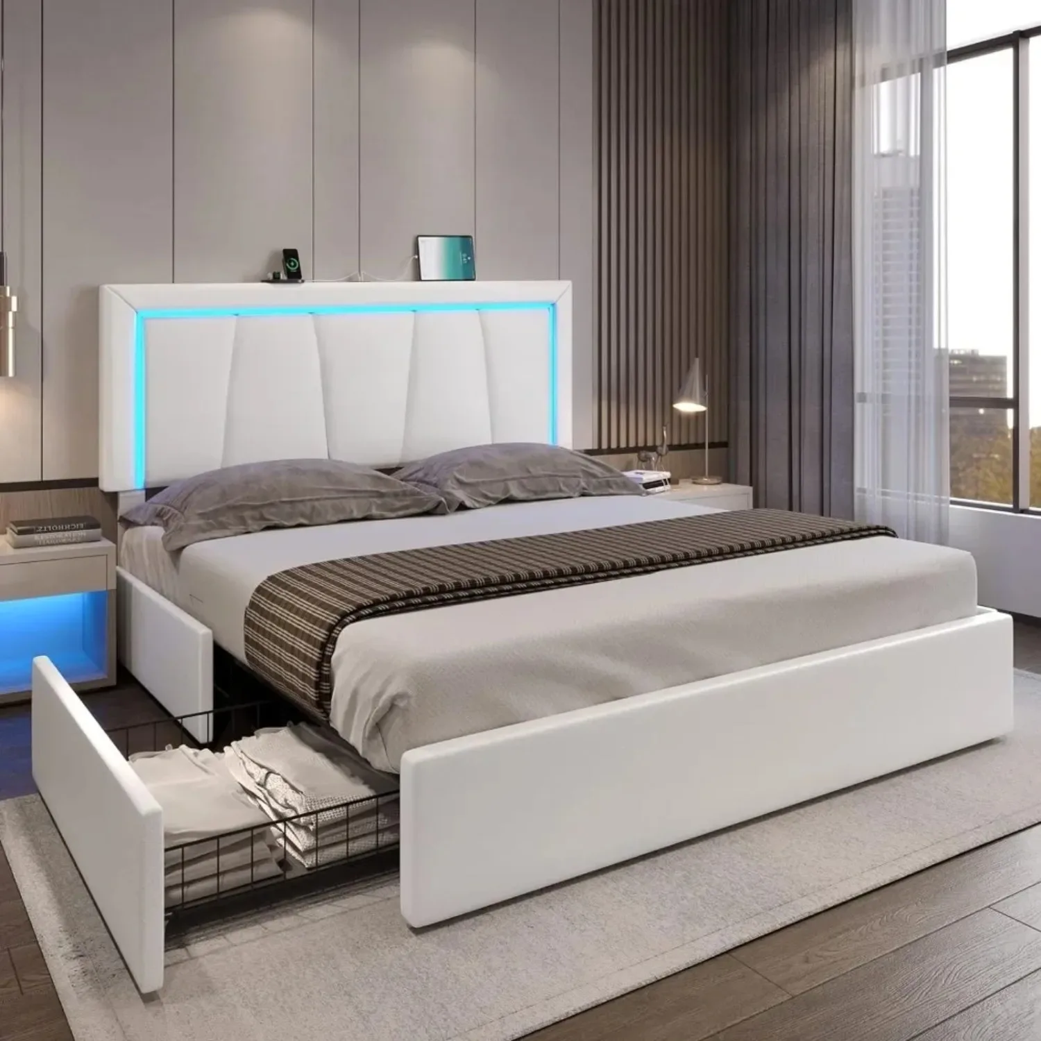 Marco de cama tamaño Queen con 4 cajones de almacenamiento y luces LED Marco de cama con plataforma LED tamaño Queen tapizado de piel sintética, blanco