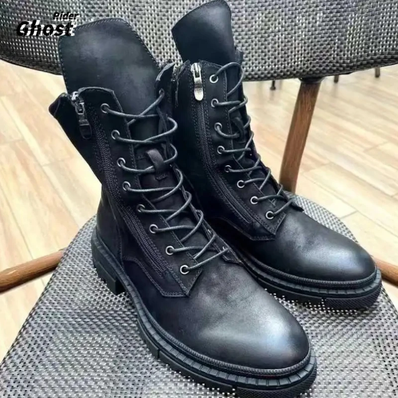 

Retro Genuine Leather Ankle Boots Men Autumn Winter Shoes Fashion Zip Casual Retro Thick Sole Motorcycle Boots