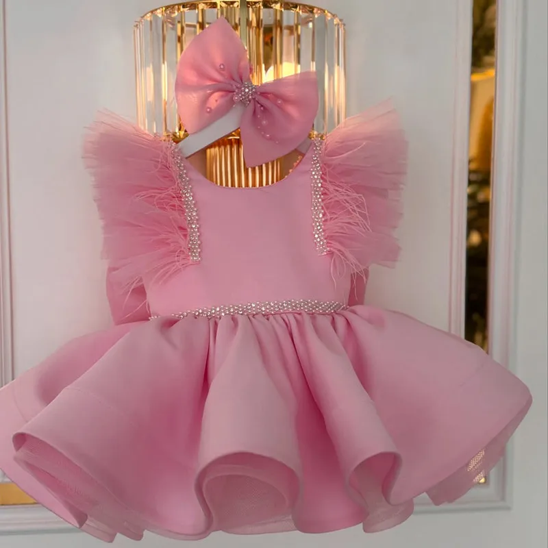 Girls Cute Bow Beading Design Birhtday Pink Princess Ball Gown Children Fashion Wedding Performance Dress y1680