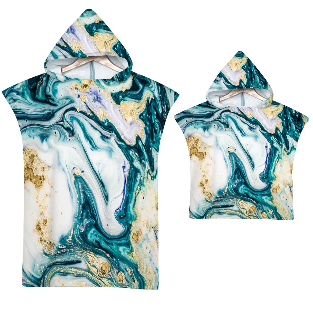 Luxury Marble Beach Towel Microfiber Quick Dry Gilding Hooded Cloak Wetsuit Adult Kid Parent-Child Poncho Bathrobe for Swim Surf