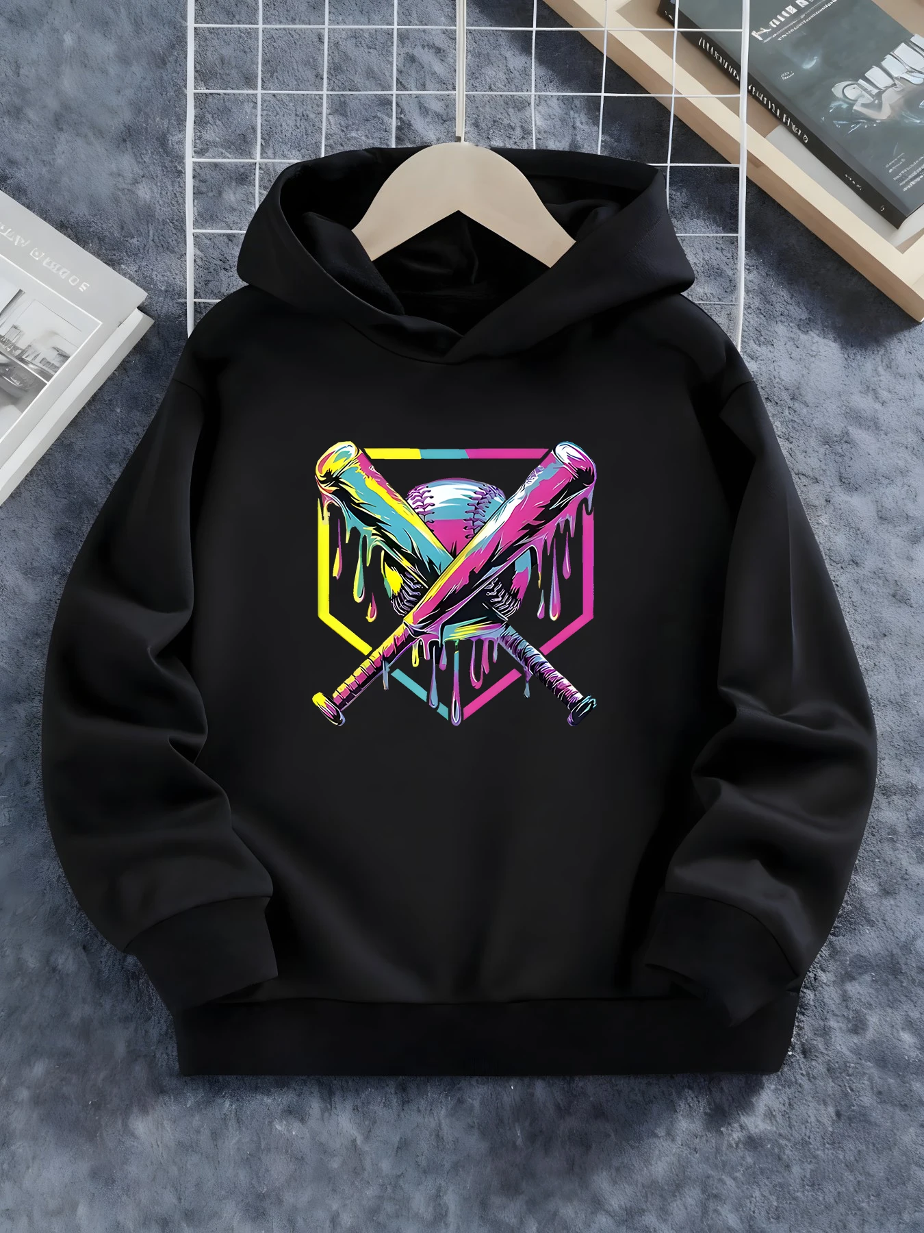 

Толстовка с капюшоном и бейсбольным рисунком, мягкий пуловер с красочным бейсбольным дизайном, толстовка с длинными рукавами для занятий спортом на свежем воздухе