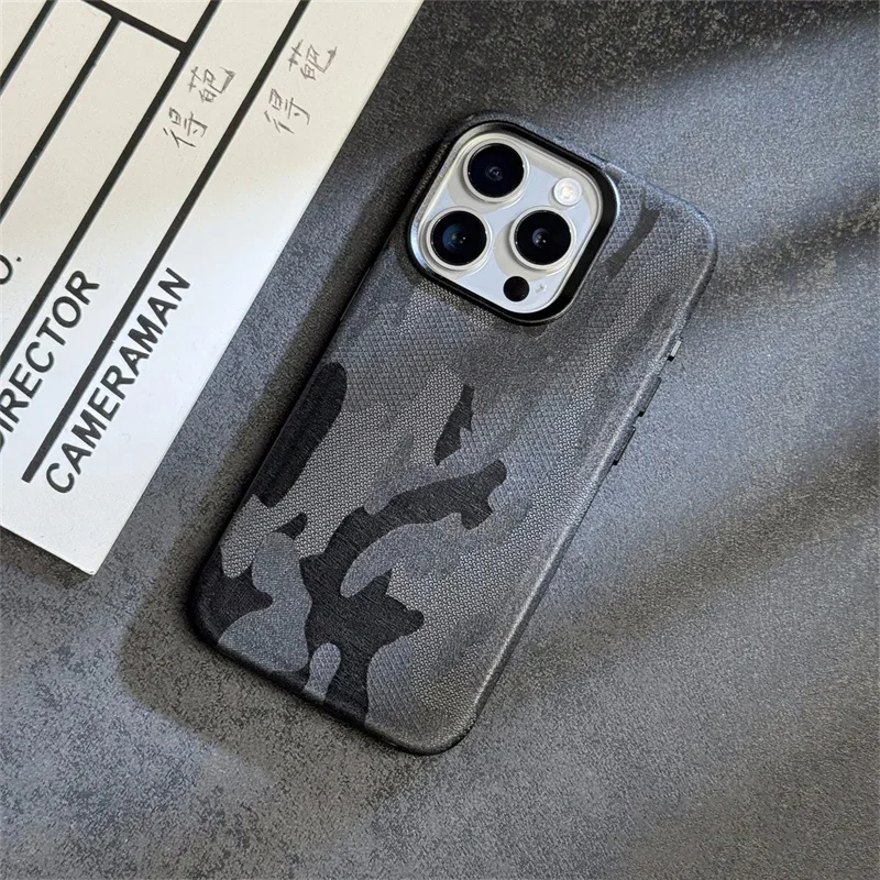 Abstract Camouflage MagSafe Leather Phone Case for iPhone 16 15 16Pro Max 13 14 Pro 12 Wireless Charging Alloy Lens Armor Cover