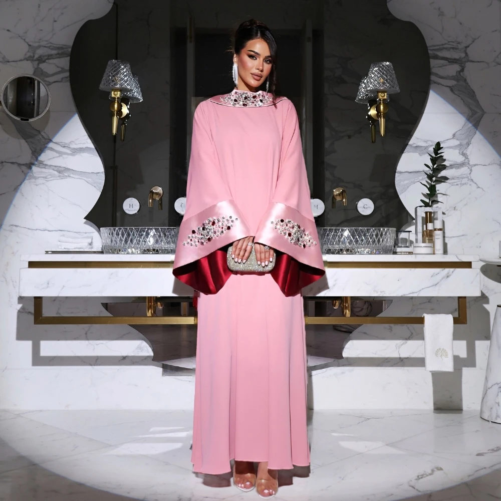 Customized Pink Luxury Exquisite Jersey Pleat Rhinestone Beading Tassel Beading A-line High Collar  Ankle Length Evening Dresses