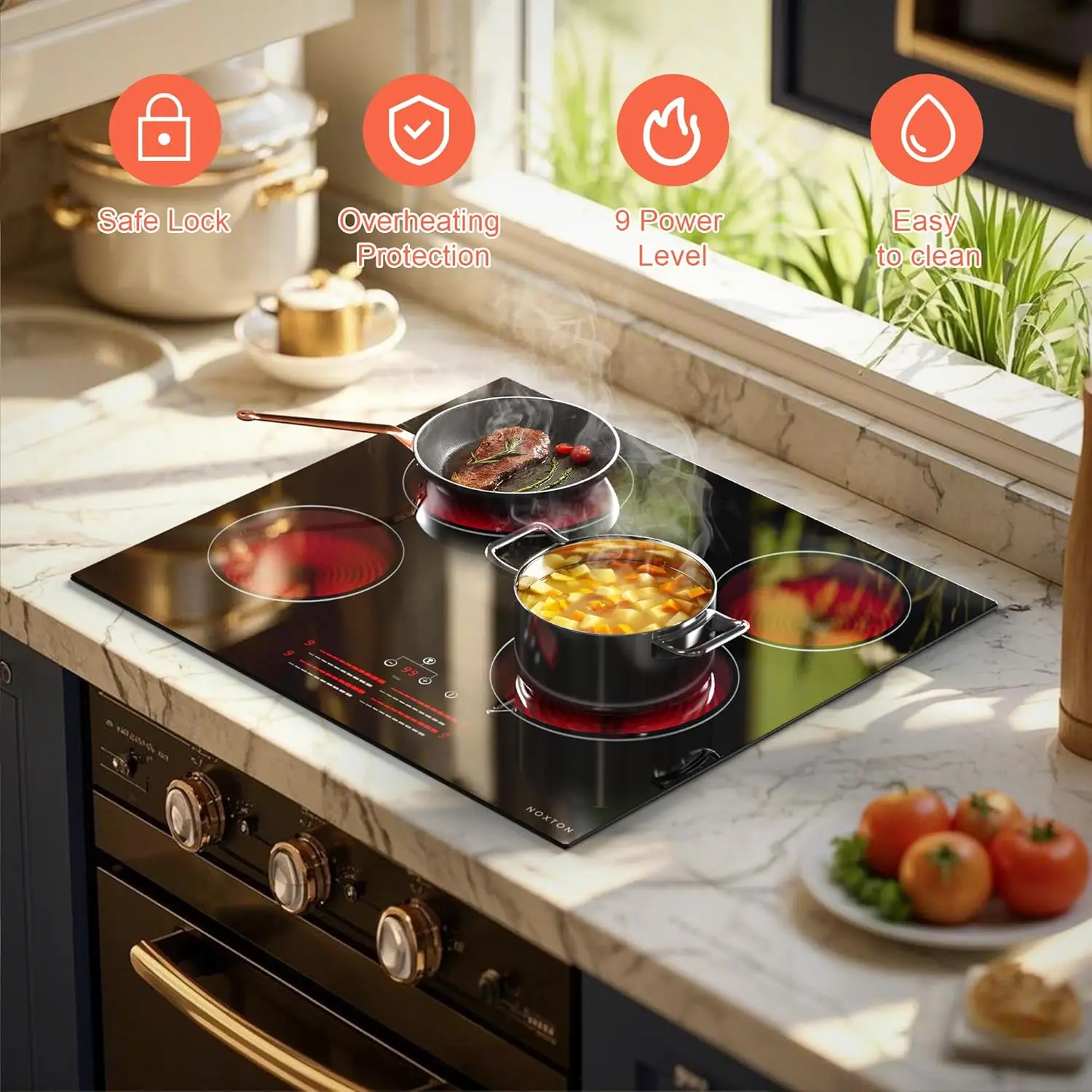 เตาเซรามิก Noxton 4 โซนไฟฟ้าในตัว 60 ซม., ควบคุมสไลด์ส่วนบุคคล, สายแข็ง, ล็อคปลอดภัย, ตัวจับเวลา 99 นาที, 6600 วัตต์, ไม่มีปลั๊ก