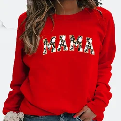 Women's Fleece Hoodie round Neck Leopard Print Casual Streetwear Sweatshirt MAMA Letter Print Boom Streetwear Sweatshirts