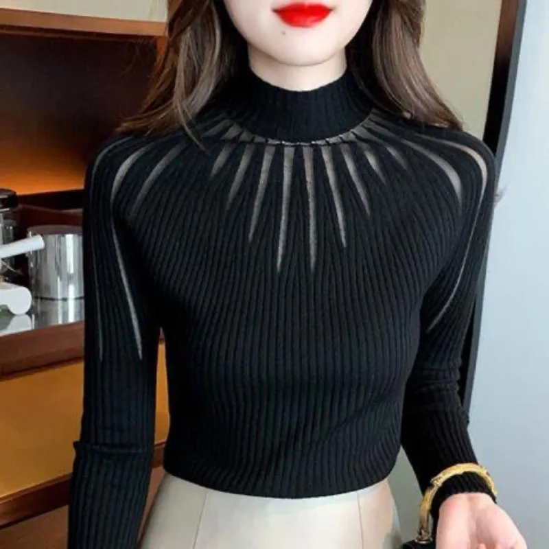 女性のための透かし彫りのスリムなプルオーバー、ハーフハイカラー、長袖、パッチワークガーゼ、アンダーレイファッショントップス、モノクロ、秋と冬