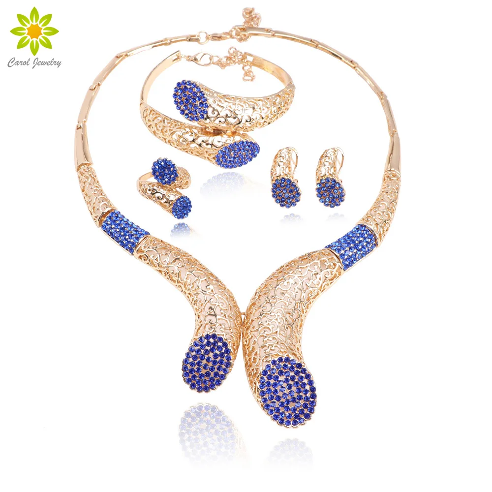 

Fashion African Women Gold Color Jewelry Sets Blue Crystal Necklace Ring Earrings Charm Bride Wedding Jewelry Accessories