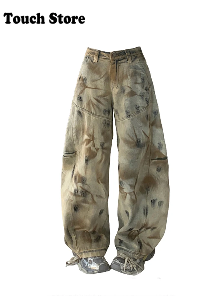 Women Abi Tie Dye Harajuku Fashion Baggy Jeans Grunge Japanese Y2K Streetwear Denim Pants 2000s Aesthetic Wide Leg Cyber Punk