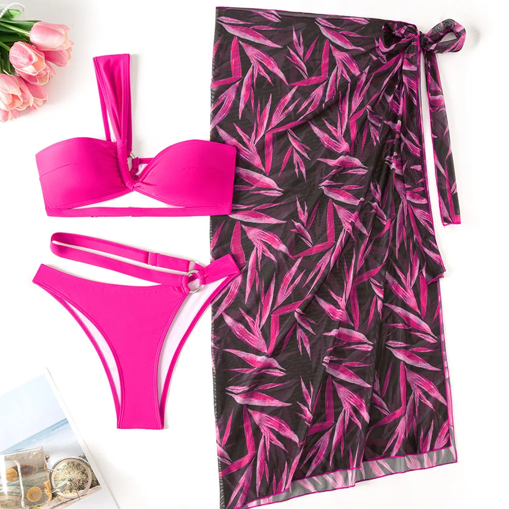 3-Piece Women's Sexy Swimsuit Fashion One Shoulder Hollow Out Bikini Printed Wrap Skirt Summer Women's Seaside Vacation Swimsuit