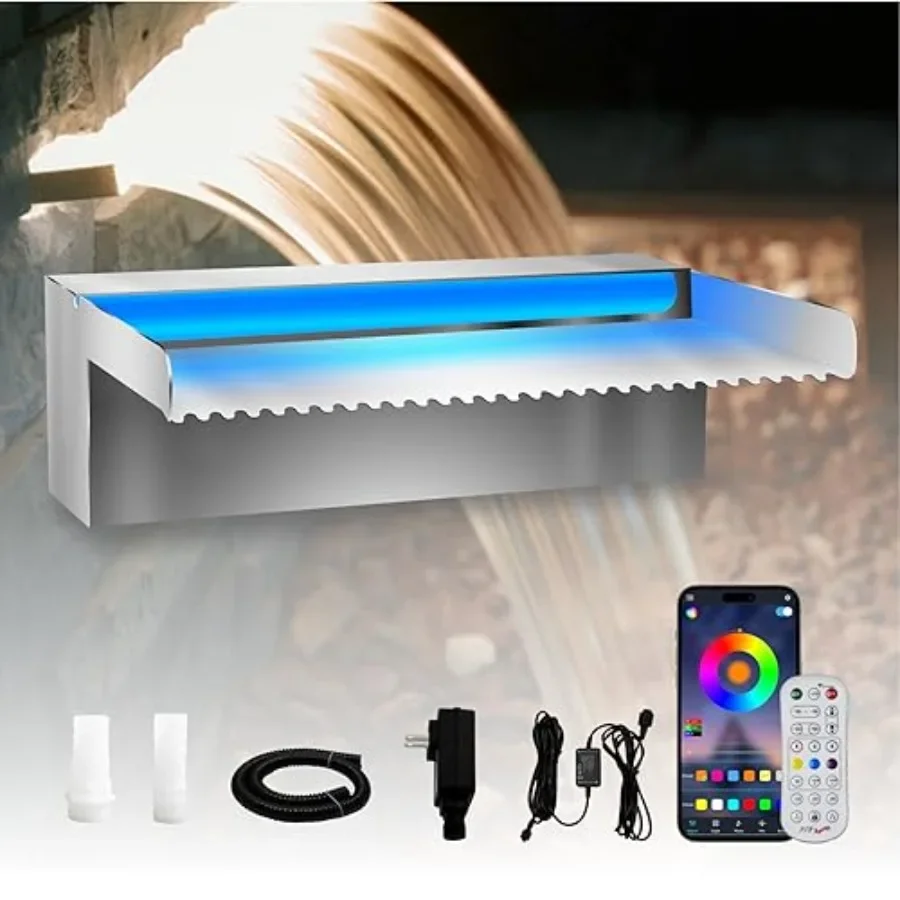 

Outdoor garden and swimming pool decoration: ABS plastic spillway waterfall kit with blue LED lights, app-controlled flow for k