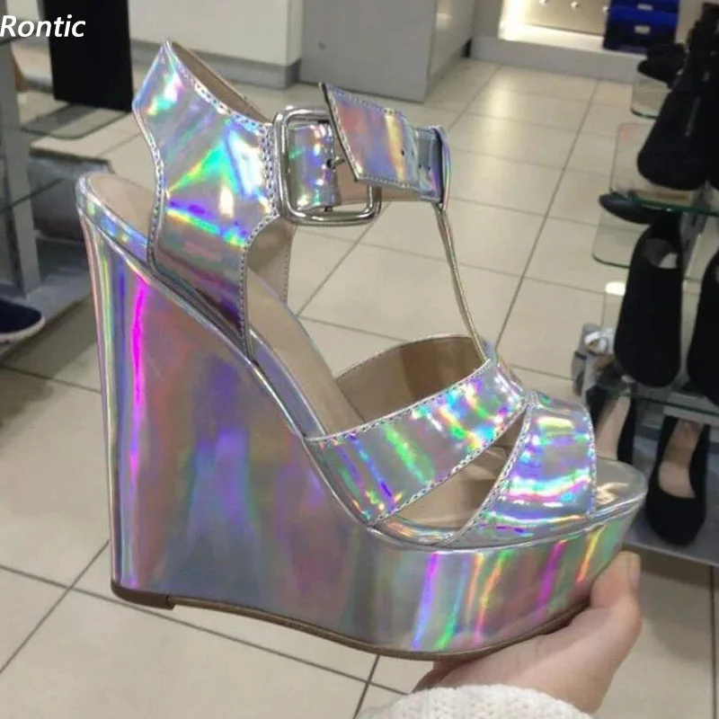 

Rontic женские блестящие сандалии ручной работы на платформе с Т-образным ремешком, удобные туфли на танкетке с открытым носком, красивые серебряные туфли для вечеринок, размер США, большие размеры 5-20