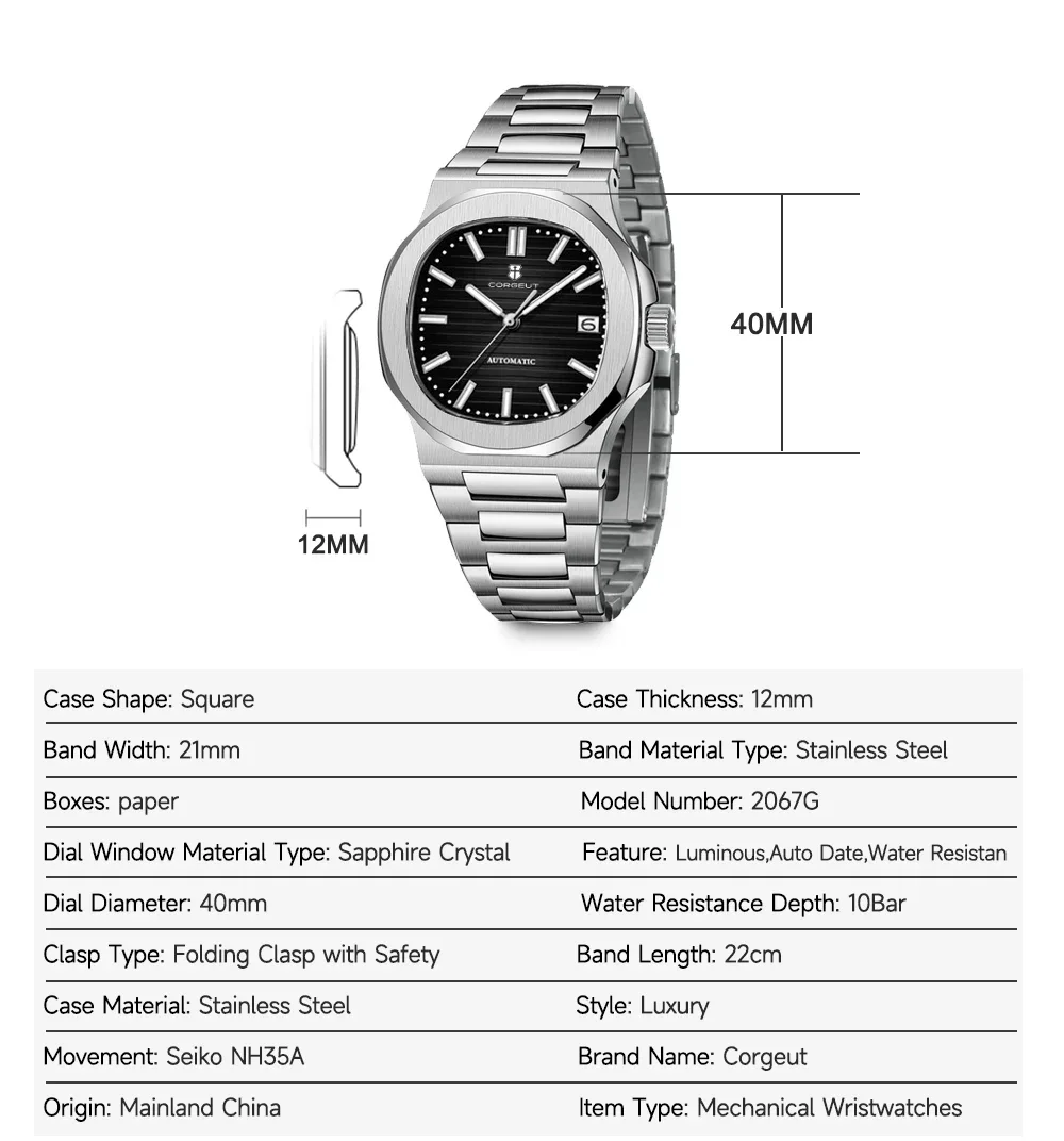 CORGEUT NH35 41mm Titanium BEZEL Steel Men\'s Watch Sapphire Glass Automatic Mechanical Waterproof Date Watch for Man Reloj