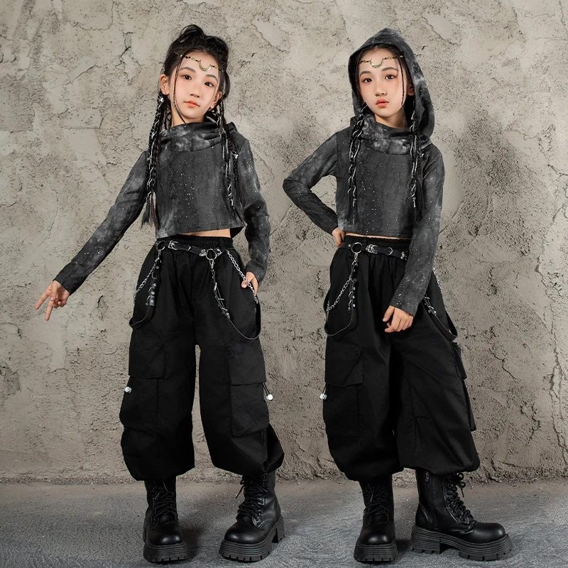 Modern Kpop Girls Jazz Dance Clothes Hooded Crop Tops Black Cargo Pants Kids Hip Hop Outfits Stage Performance Costume BL14519