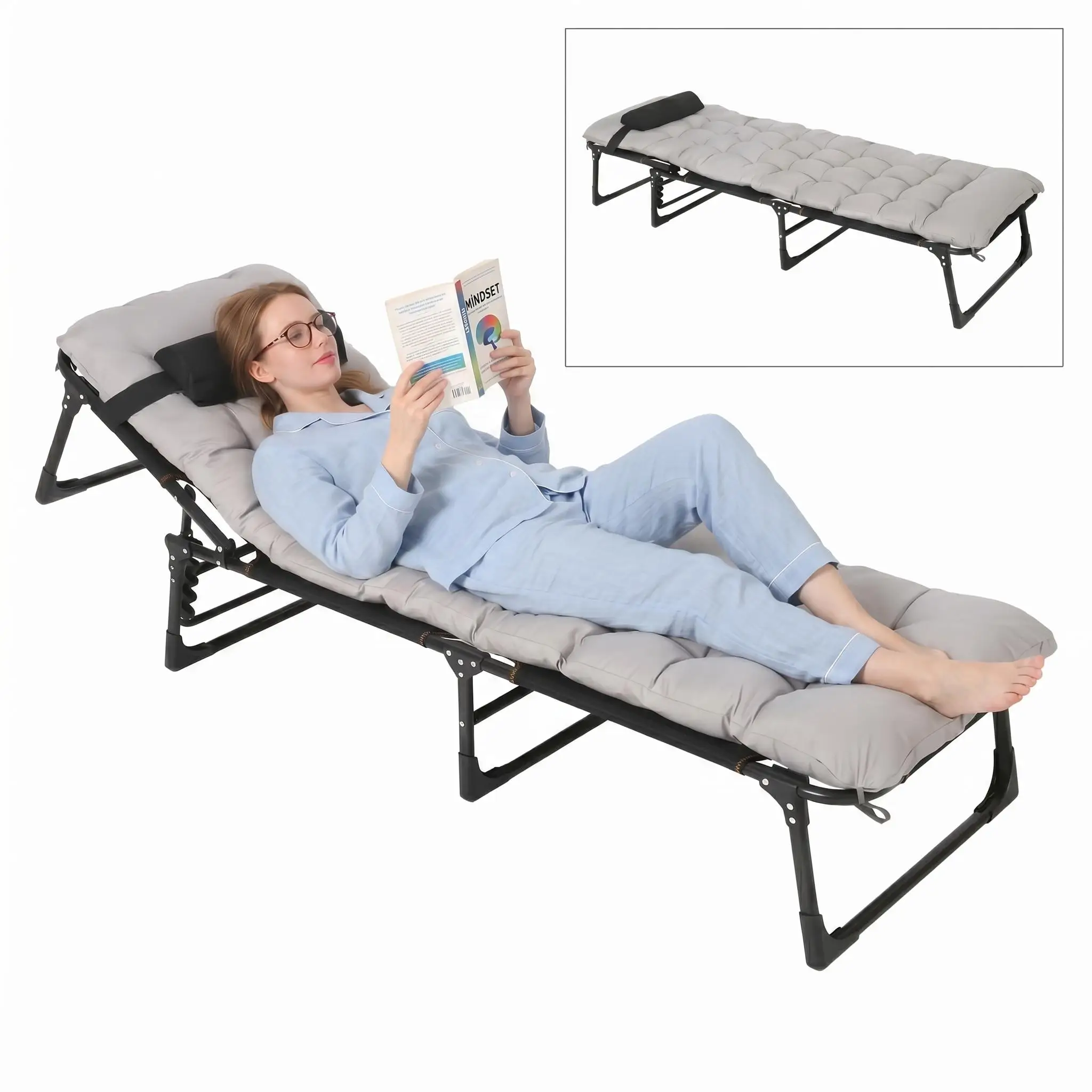 Heavy-Duty Tri-Fold Camping Cot for Adults - Wide Folding Camp Bed with Removable Mattress Pad, Pillow & Carry Bag - Double-Layer Oxford Fabric - Gray 170CM