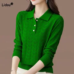 Autumn Winter Fashion All-match Polo-Neck Button Knitted Tops 2023 Office Lady Simplicity Long Sleeve Sweaters Women's Clothing