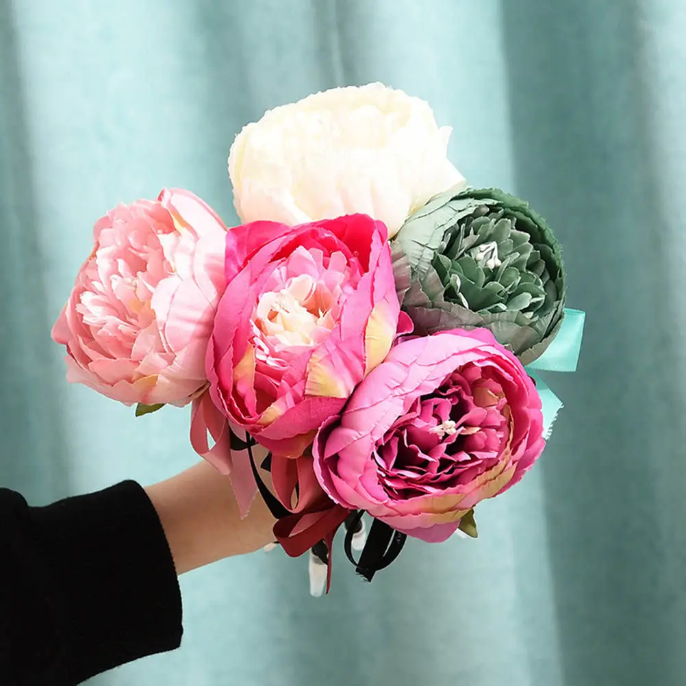 

5Pcs Decorative Ballpoint Pens Artificial Flowers Peony Ribbon Top Cute Office School Gift Fancy Novelty Stationery Pen