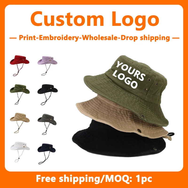 Custom Embroidery Cowboy Patchwork for Men and Women Bucket Hats Wholesale Design Print Literary Style Big Brimmed Fisherman Hat