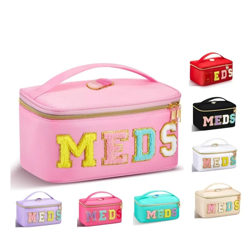 Large-capacity medicine box with embroidered letters, makeup bag, travel toiletry bag, portable makeup storage bag