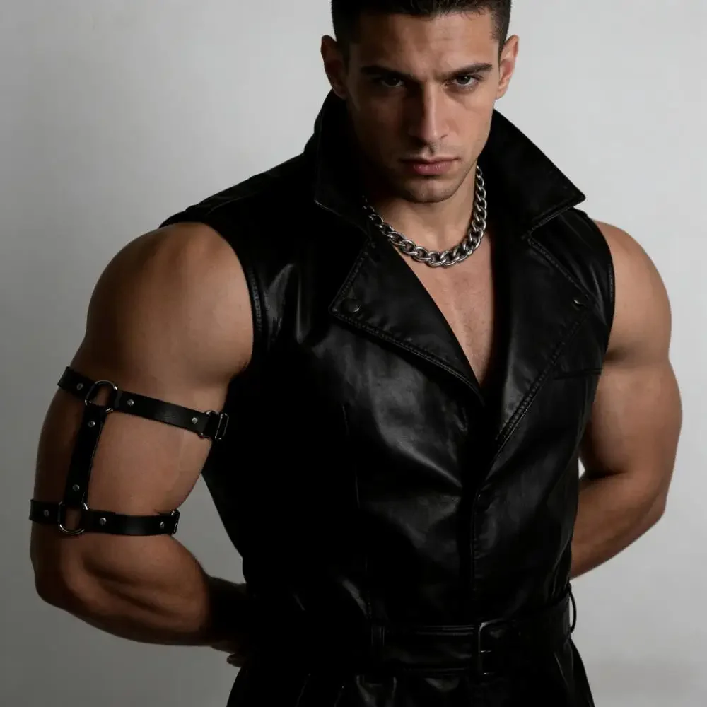 Herren Kunstleder Oberarm-Bandage Elastisches Verstellbares Armband Männer Arm-Harness Gürtel Kostüm für Nachtclub Cosplay – Detail 6