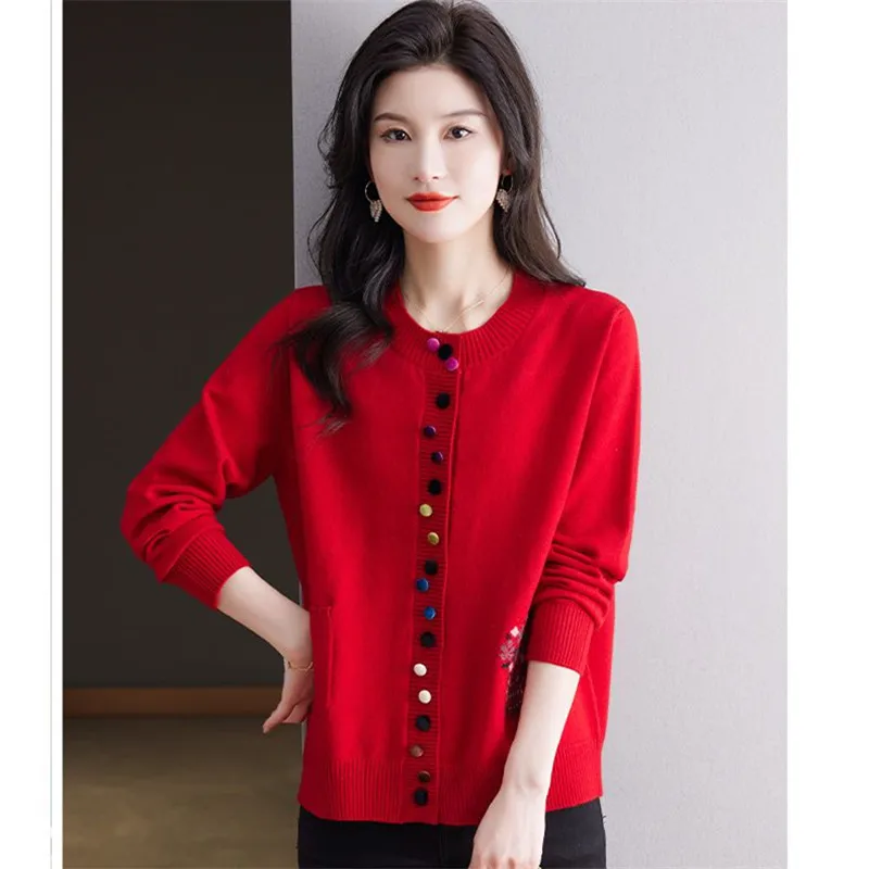 

Colorful Button Knitted Sweater Coat Women Spring Autumn New Fashion O-Neck Long Sleeves Pocket Tops Female Loose Knitwear B1231
