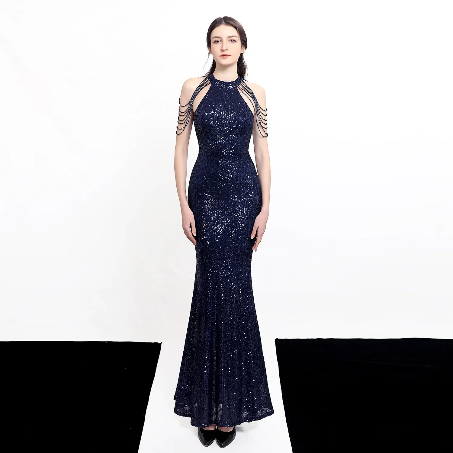 Evening Dress Navy Blue Sequins Stretchy Halter Collar Zipper Back Mermaid Trumpet Floor Length Women Party Formal Gowns YE081