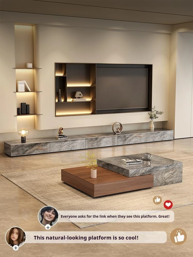 Any Size Custom Glossy Grey Stone TV Platform Italian Minimalist Media Console Eco Friendly Large Storage Durable Easy Clean Cus