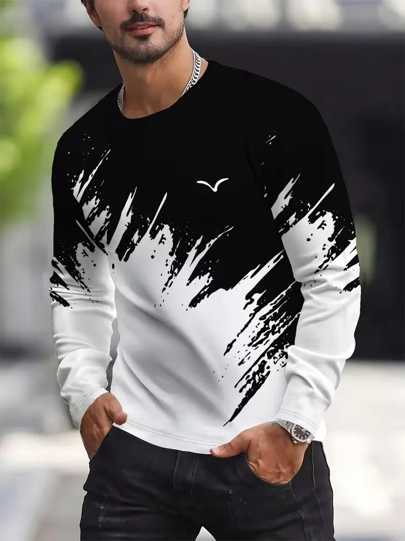 Autumn Black And White Printed Men's Long Sleeved T-Shirt Fashion Daily Sports Leisure Street Round Neck Oversized Men Clothing