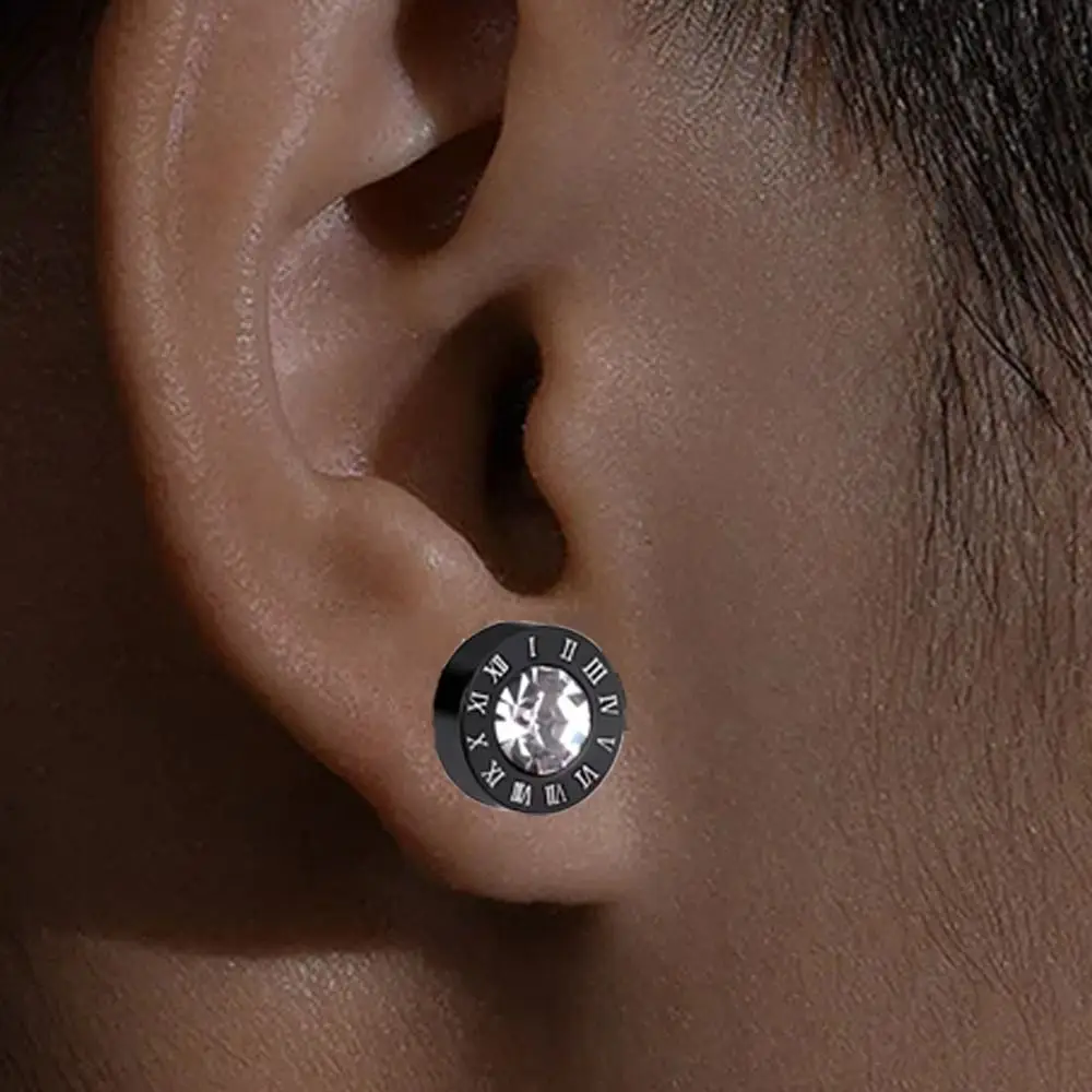 Micro Inlay Rhinestone Roman Numerals Stud Earring Hip Hop Korean Style Men Zircon Earrings Stainless Steel Luxury Sense