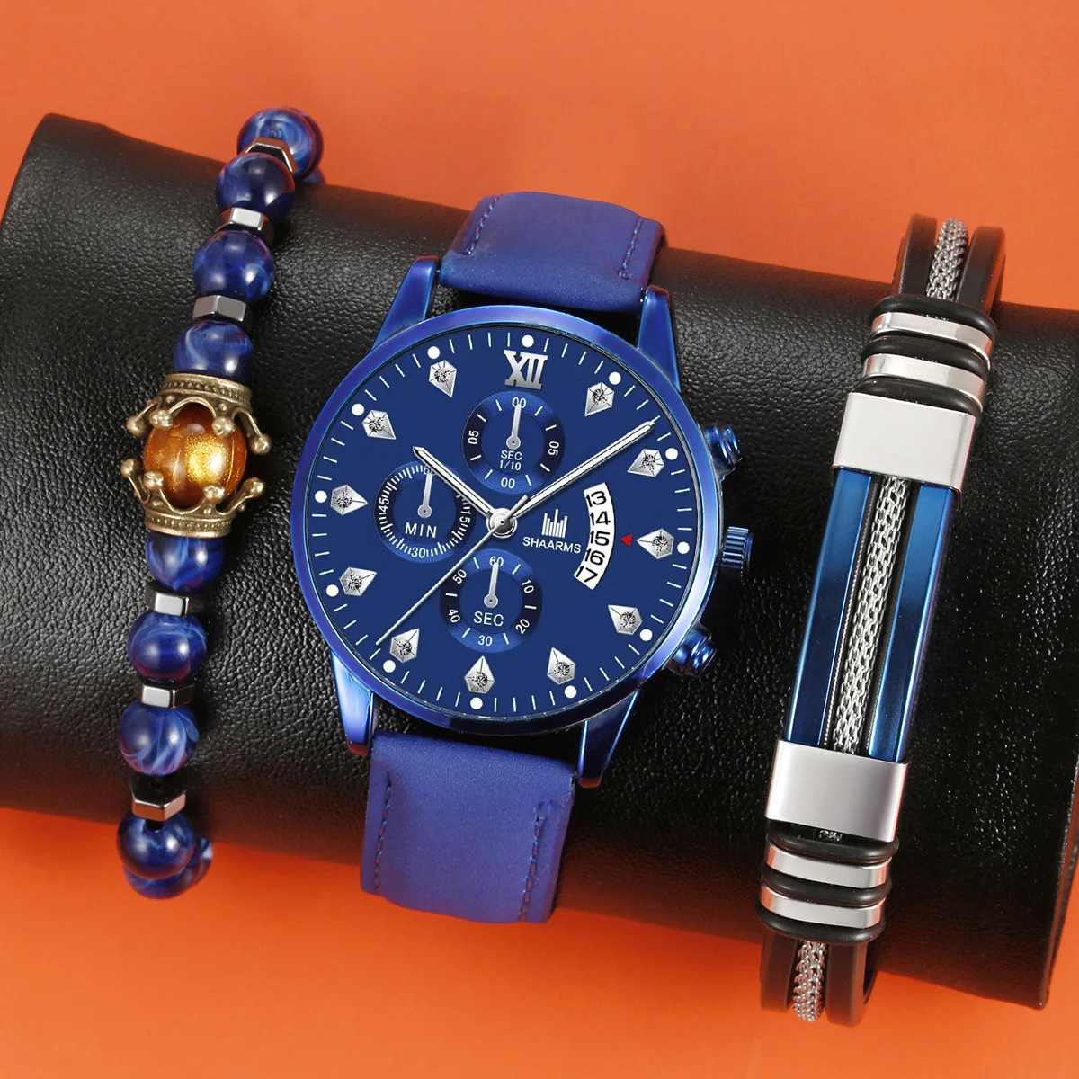 3pcs men's light luxury and versatile high-value Poseidon blue quartz watch with the same color scheme cool bracelet set