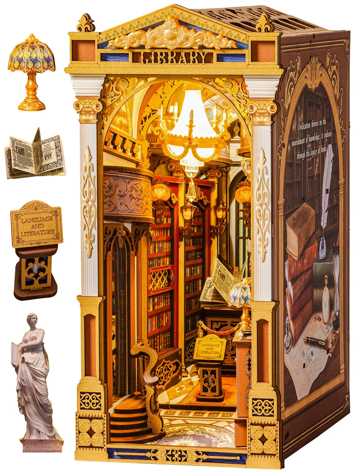 

Rolife DIY Book Nook Kit Library of Wonders Wooden 3D Puzzle with LED 258PCS Tiny House Craft Kit for Home Bookshelf Decor