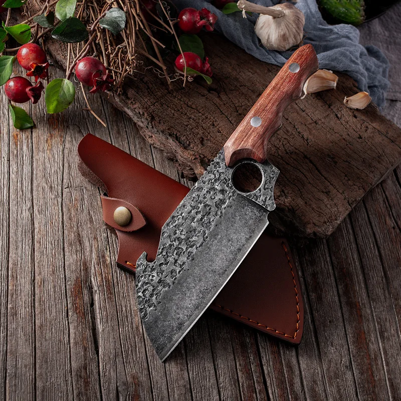 Forged Kitchen Cleaver Chef Knife Meat Vegetable Cooking Cutting Barbecue Slicing Fishing Knife Gift Sheath