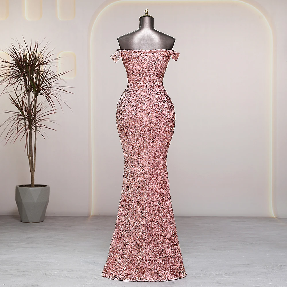 Pink Sequins Long Mermaid Evening Dress Off Shoulder Dress Women Prom Party Dresses formal occasion robes de soirée Bride dress