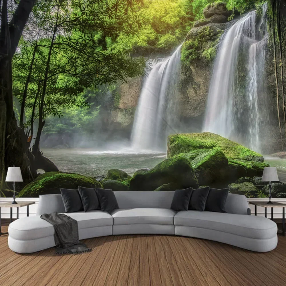 Beautiful forest waterfall tapestry, living room fabric mural, home decoration wall cloth, beach picnic tablecloth, sleeping mat