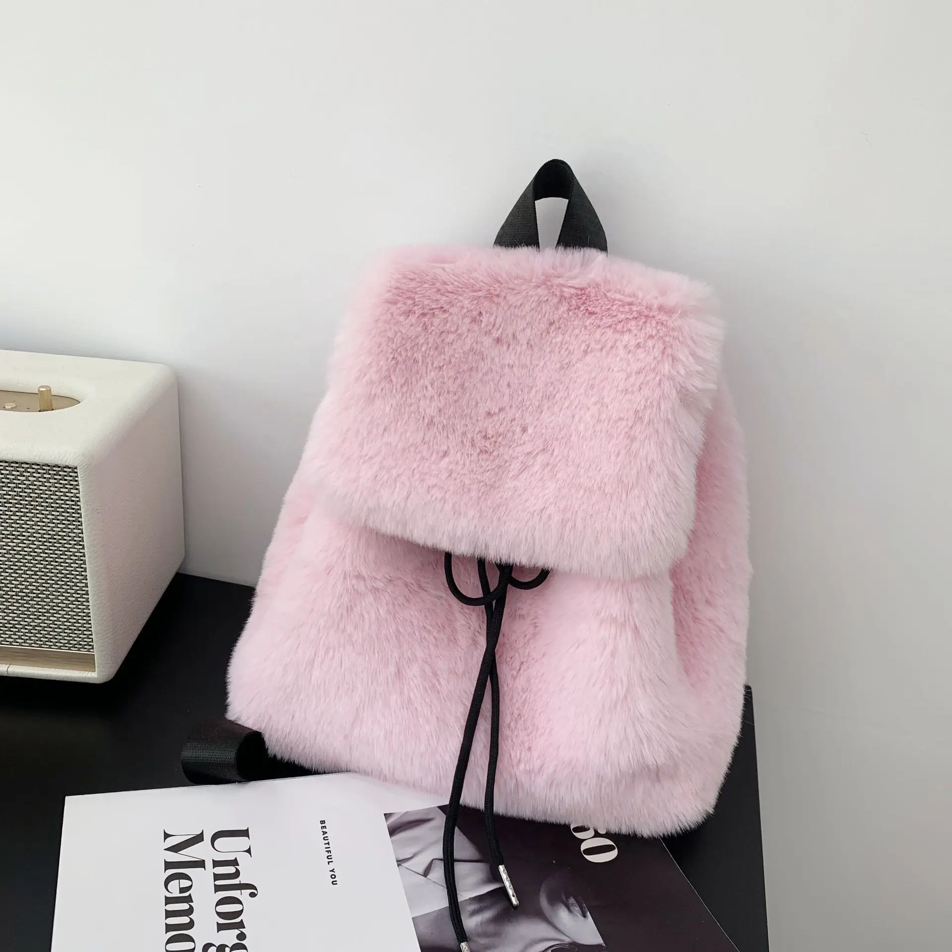 Women Travel Shoulder Bags Plush Backpack  Faux Fur Leopard Women Backpack Solid Soft Fleece Knapsack Harajuku Style