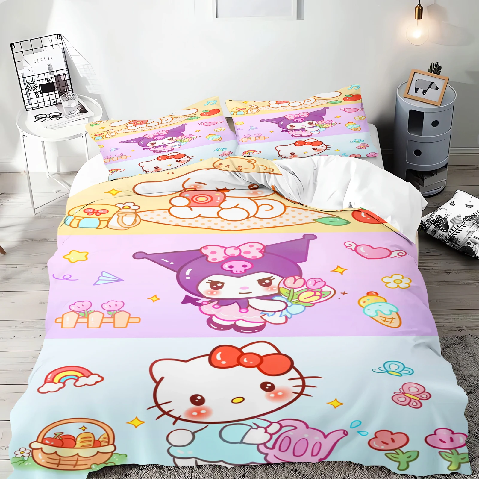 Sanrio serie Kuromi juego de cama edredón para niños tamaño King funda de lujo 100% poliéster 3 piezas regalos de Navidad decoración del hogar