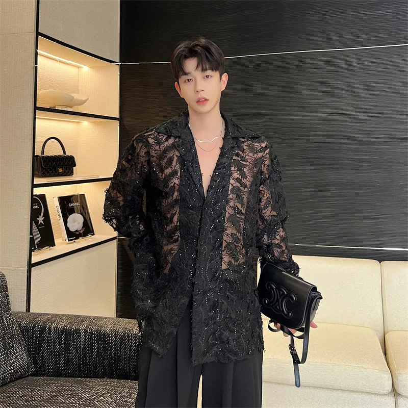 Men Clothing 2023 Sexy Men Shirts Black Feather Hollowed Out Sequin Lapel Long Sleeve Streetwear Transparent Button Fashion