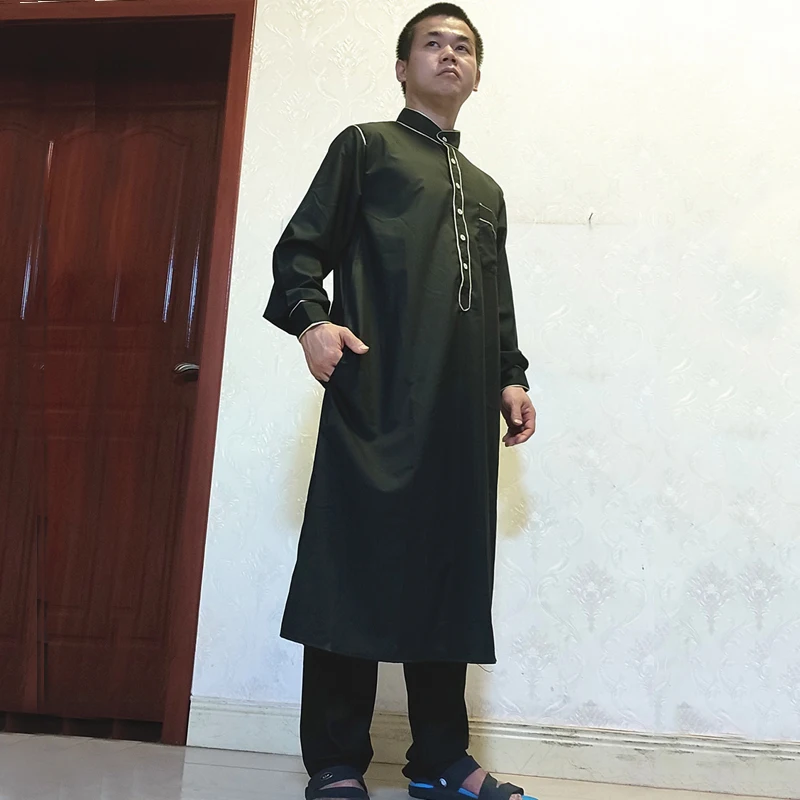 Pakistani Adult Muslim Costume Long Loose Purple Black Solid Color Comfortable Tourist Men Islamic Arabic Kaftan Suit