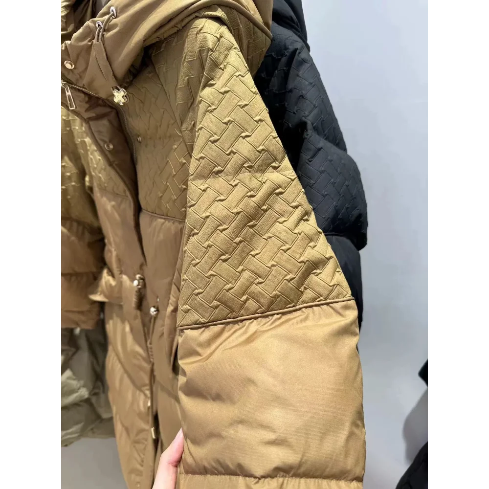 Women\'s Down Jacket Design Sense of Weaving Splicing Korean Version of The Fashion Waist Thickened Warm Long Hooded Jacket