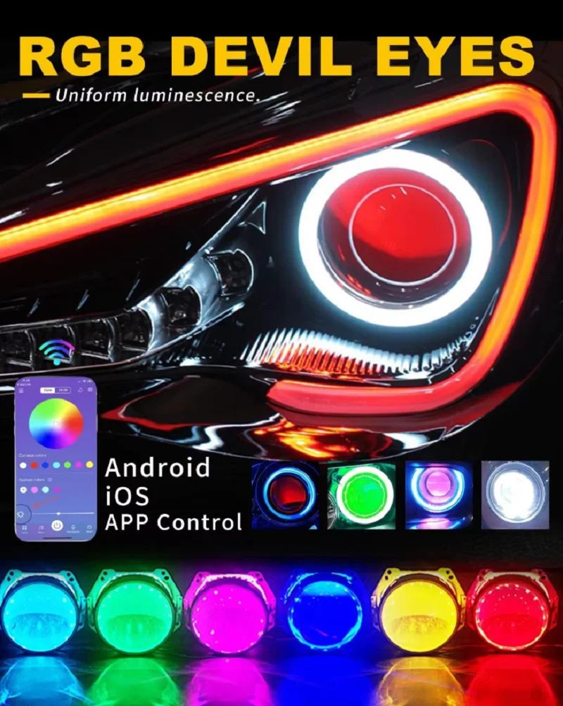 360 Degree LED RGB APP Bluetooth Devil Demon Eyes Car Motorcycle Projector Len-scar Angel Eye DRL Car Accessories