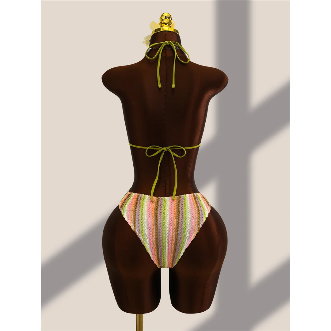 Gestreifter, farbenfroher, ausgeschnittener, einteiliger Badeanzug mit Neckholder für Damen, Monokini mit hohem Beinausschnitt, Badebekleidung, Badeanzug, Schwimmanzug V8304 – Detail 12