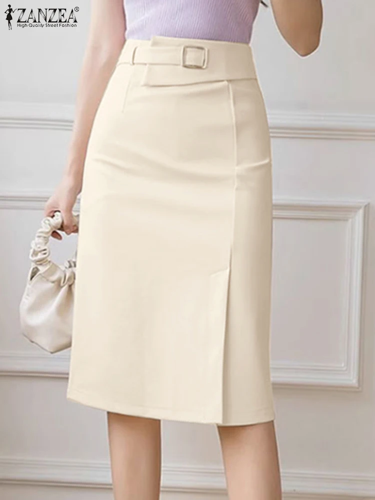 ZANZEA Fashion Work Slim Skirt Woman Vintage Zipper Pencil Midi Skirts Elegant OL Button Overskirts Female Autumn Solid Dresses