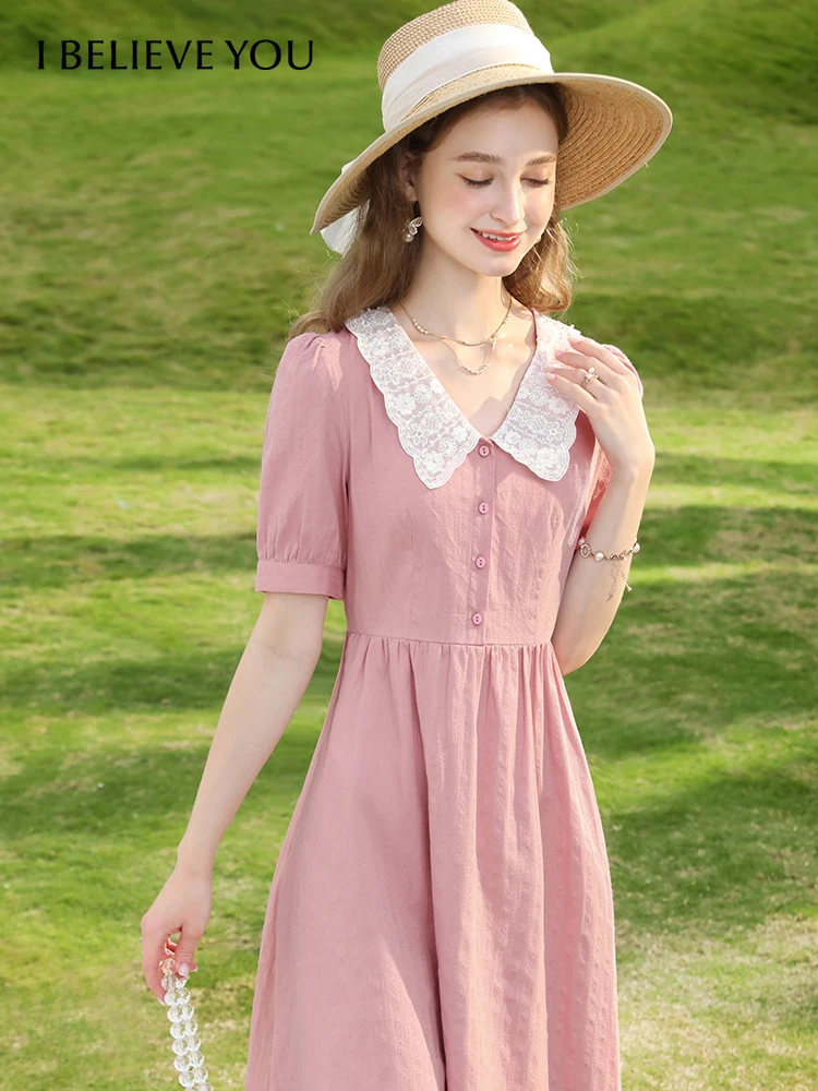 

I BELIEVE YOU Pink Lace Dress 2023 Summer New French 100% Cotton Slim Fit Peter Pan Collar A Line Puff Sleeve Vestido 2232095072