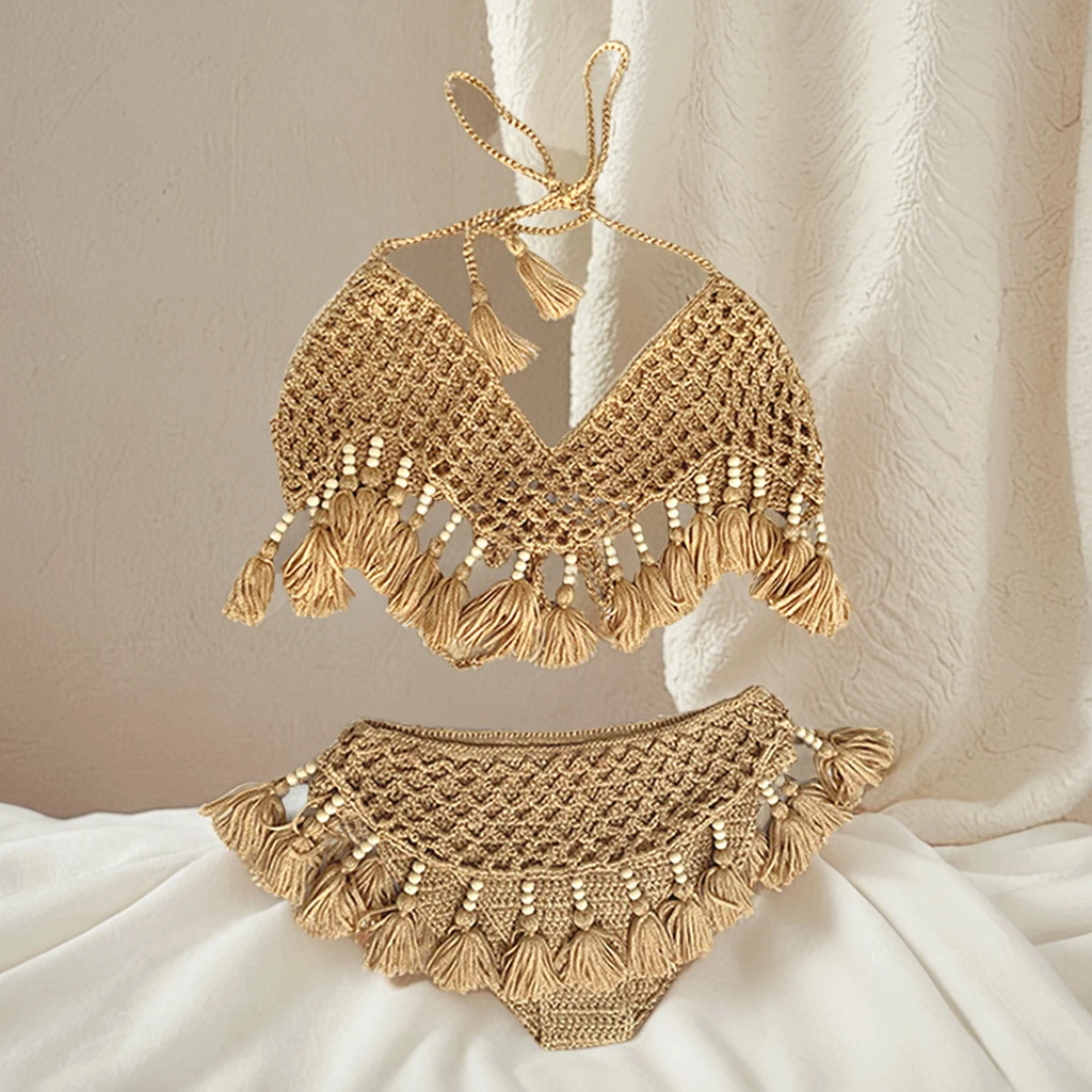 Handmade Crochet Tassel Khaki Black Womens Bikini Set Swimwear Adjustable Quick Dry High Stretch Resort Vacation Beach Wear
