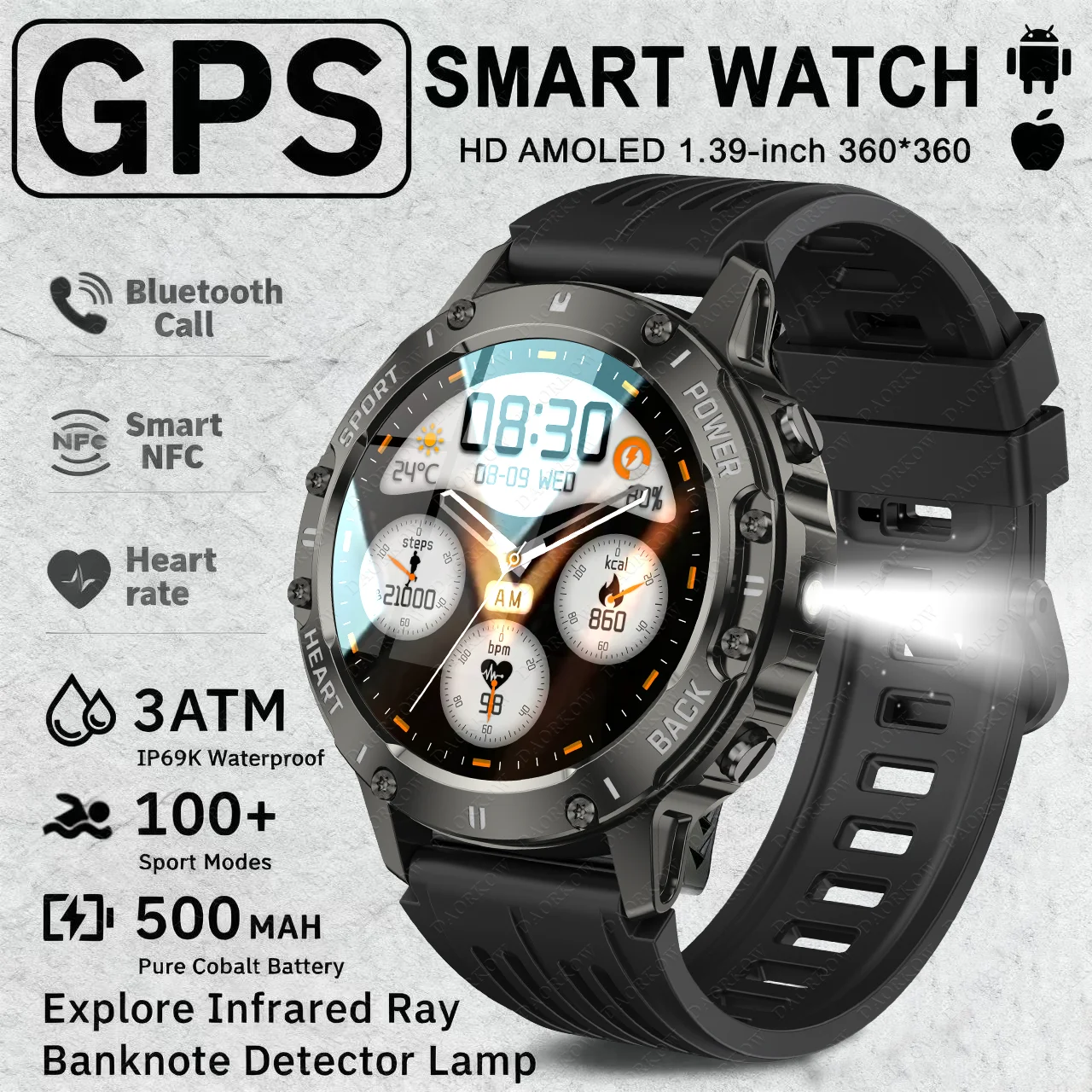

DAORKOW2025 Men's smartwatch, outdoor sports tracking watch, Bluetooth call, health monitoring, LED flashlight smartwatch
