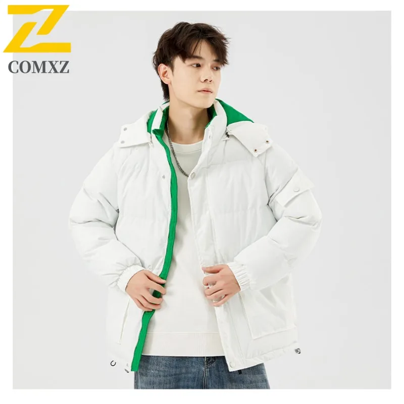 COMXZ 2025 Winter New Premium Cotton Coat Men Hooded Trendy Camping Lightweight Parkas High Quality Street Style Outerwear