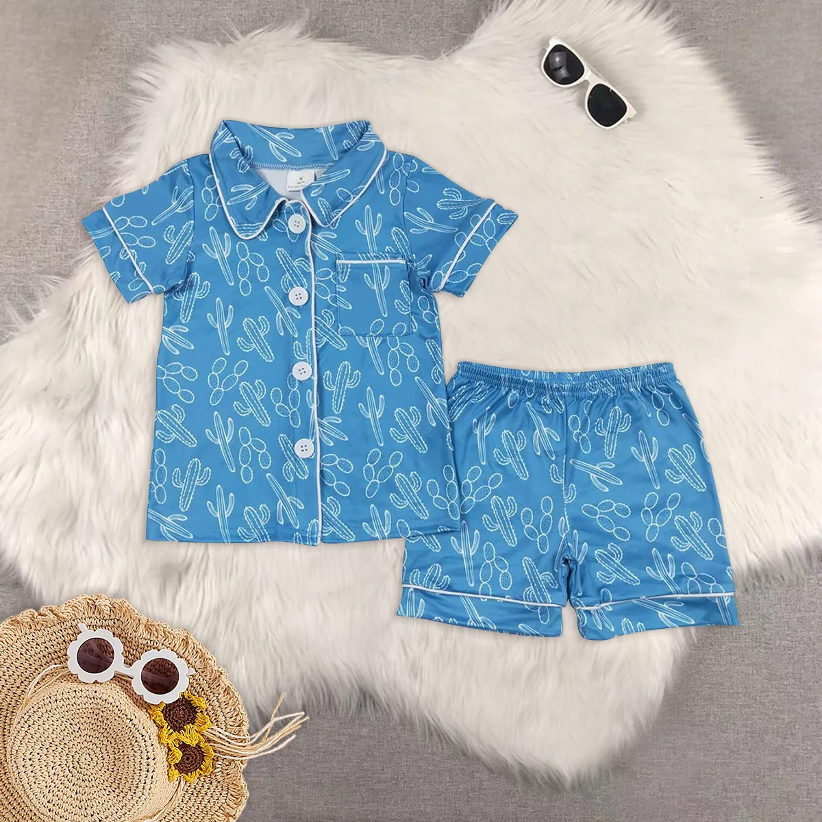 

Baby Girls Western Cactus Buttons Shirt Shorts Pajamas Clothes Sets