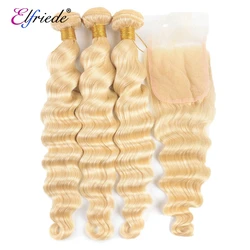 Elfriede #613 Blonde Loose Deep Wave Bundles with Closure Brazilian Human Hair Weave 3 Bundles with 4X4 Transparent Lace Closure