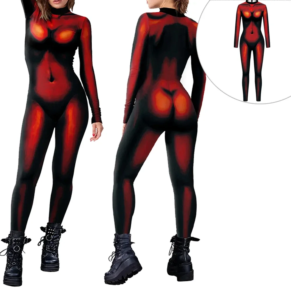 

Red Body Printing Halloween Zentai Suit Women Sexy Bodysuit Holiday Cosplay Costume Fashion Party Jumpsuit Festival Catsuits