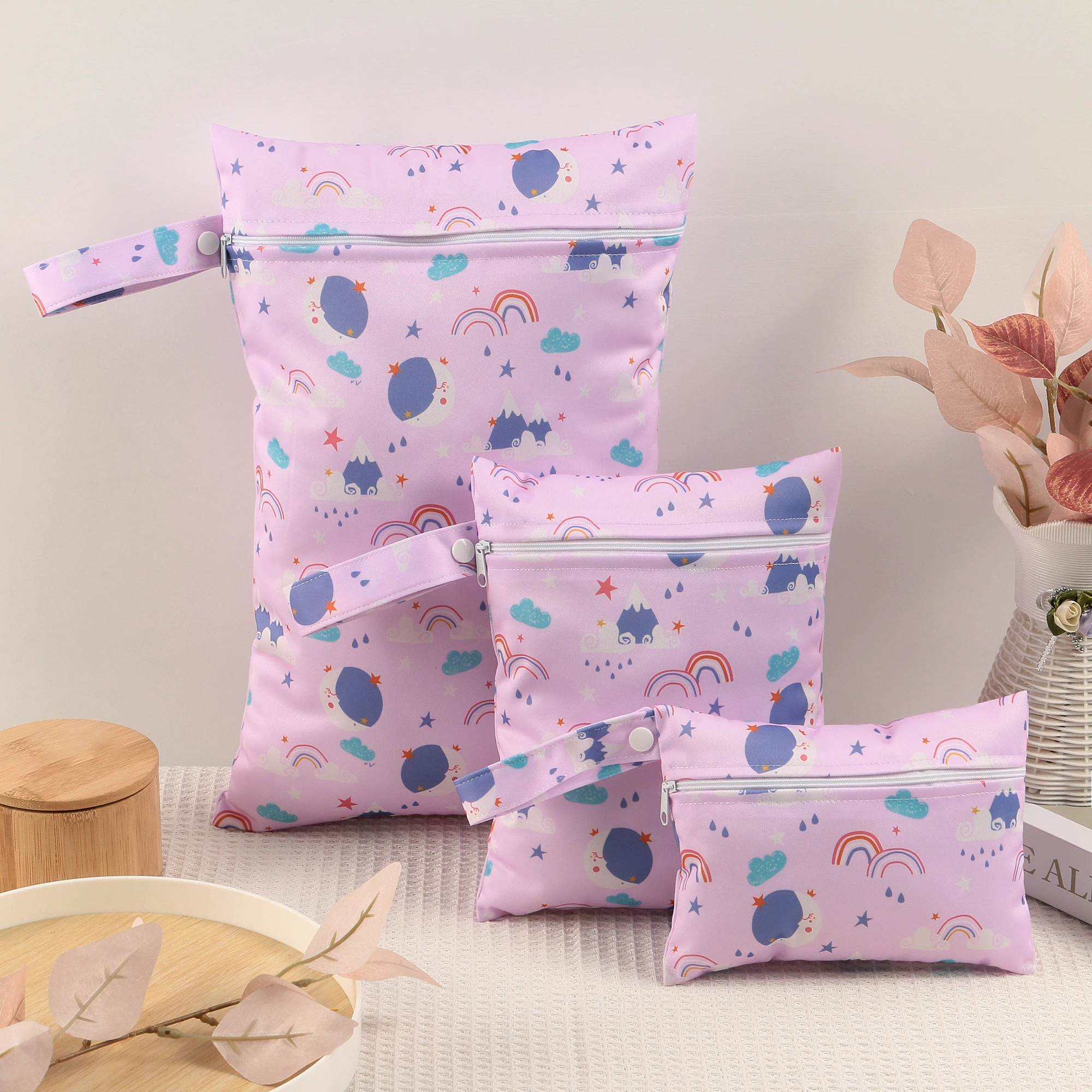 Reusable Wet Dry Bag Printed Waterproof Wetbag Single Pocket Snap Handle Portable Travel Diaper Storage Pouch 3PCS For Baby
